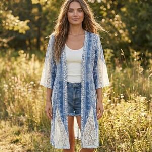 Blue White‎ Lace Trim Ethereal Romantic Boho Cottagecore Kimono Cardigan L